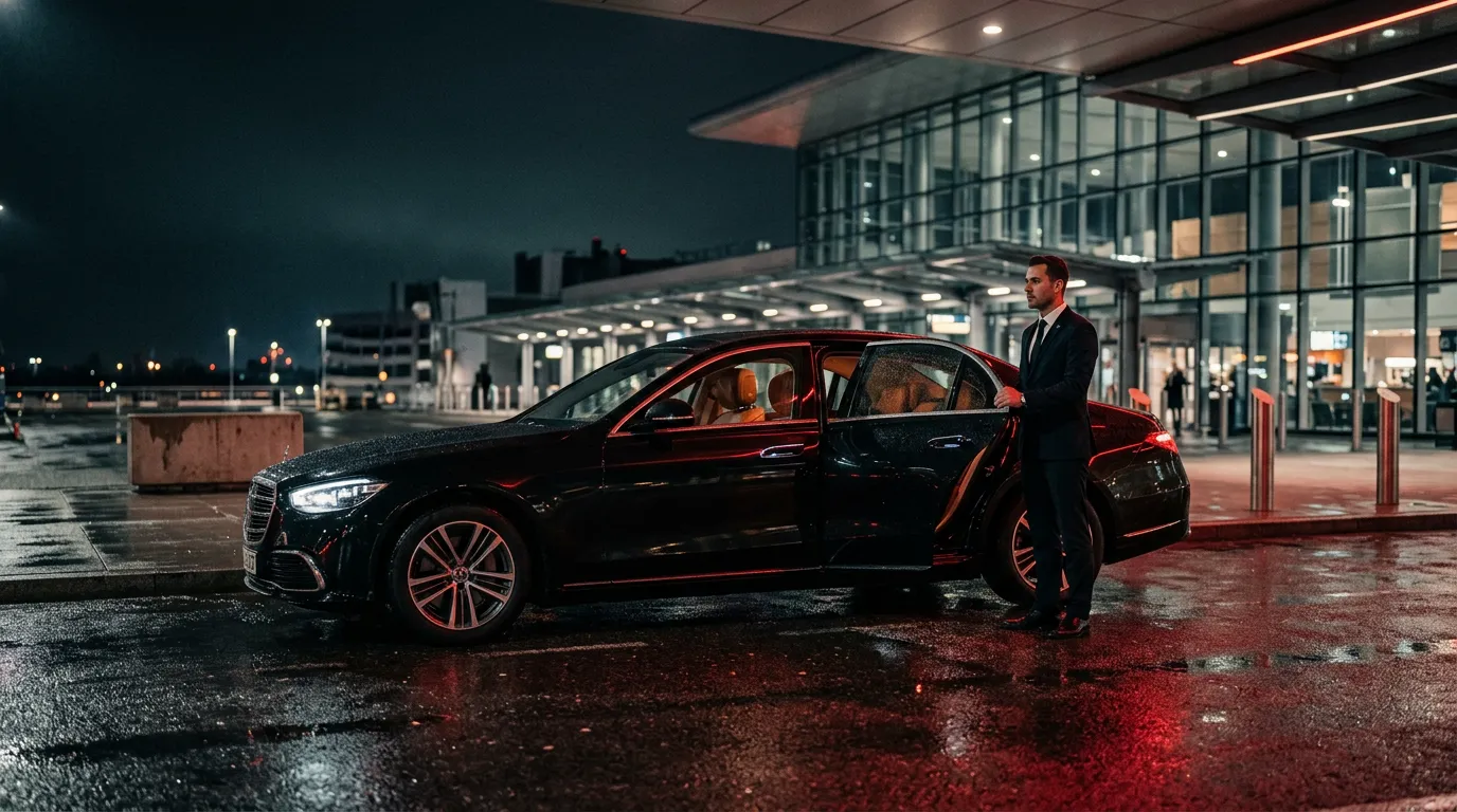 A chauffeur in a dark suit holding open the rear door of a black executive sedan outside an airport terminal at night